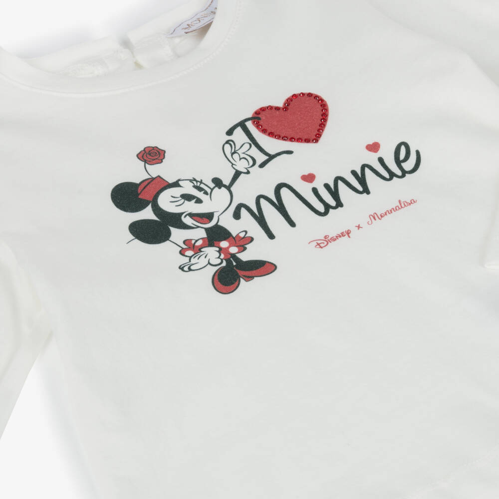 Monnalisa-Girls Ivory Cotton Minnie Mouse Top with Diamanté Heart | Childrensalon Outlet