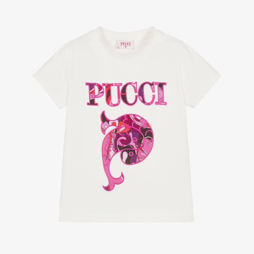 PUCCI-Girls Ivory Cotton Pesci Logo T-Shirt with Orchidee Print | Childrensalon Outlet
