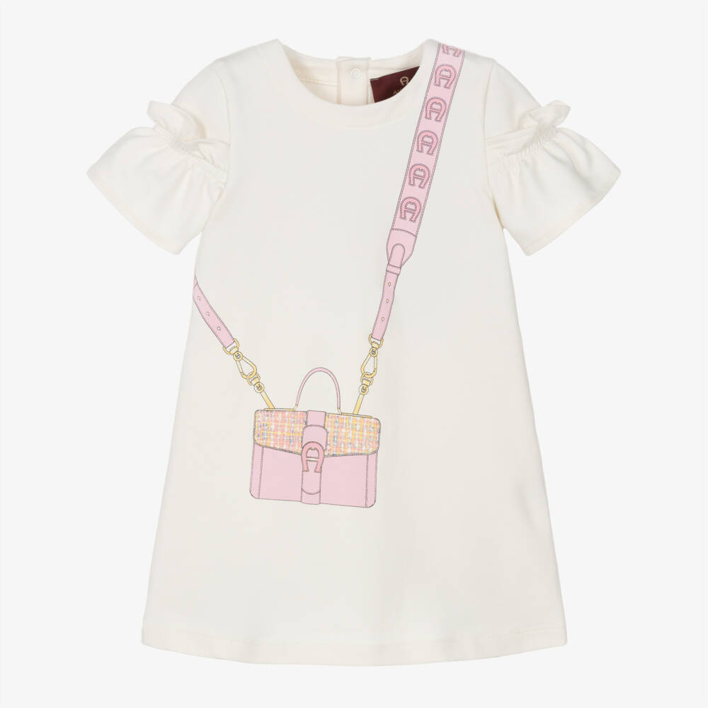 AIGNER-Girls Ivory Cotton & Pink Bag Print Dress | Childrensalon Outlet