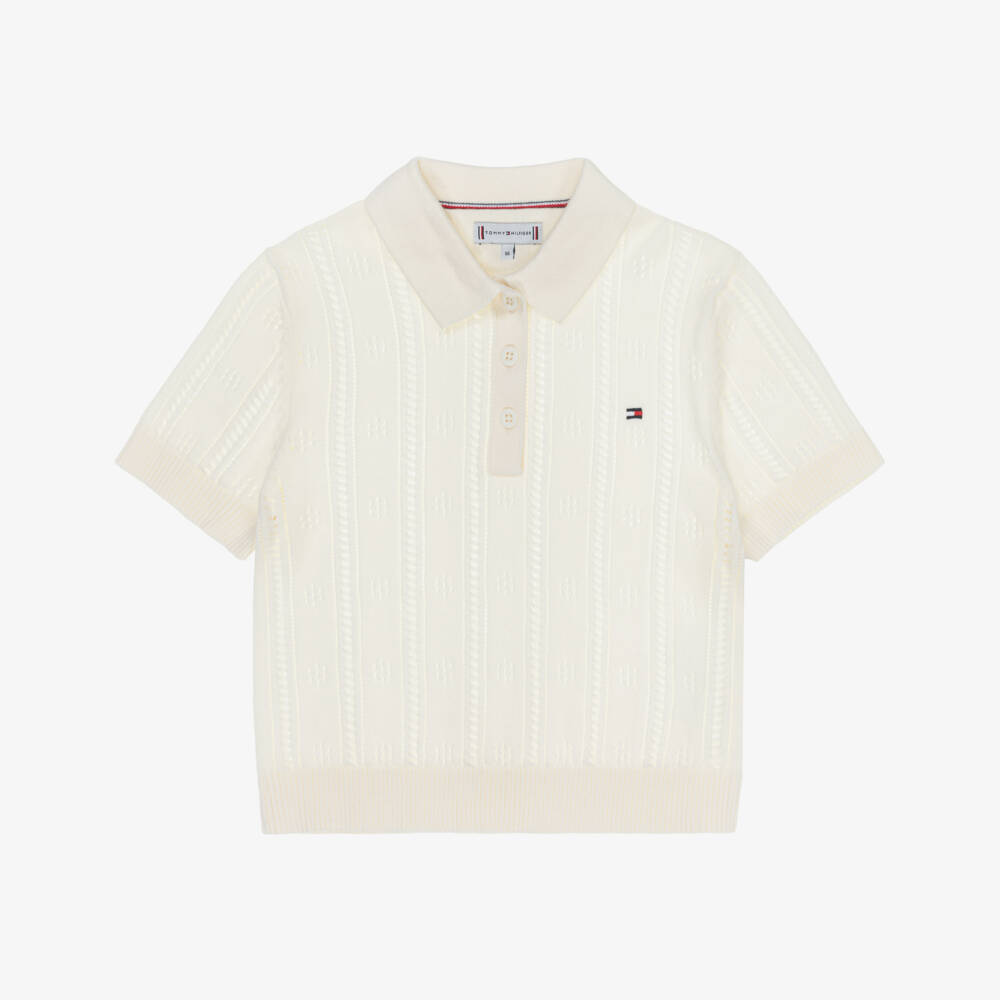 Tommy Hilfiger-Girls Ivory Cotton Pointelle Knit Polo Shirt | Childrensalon Outlet