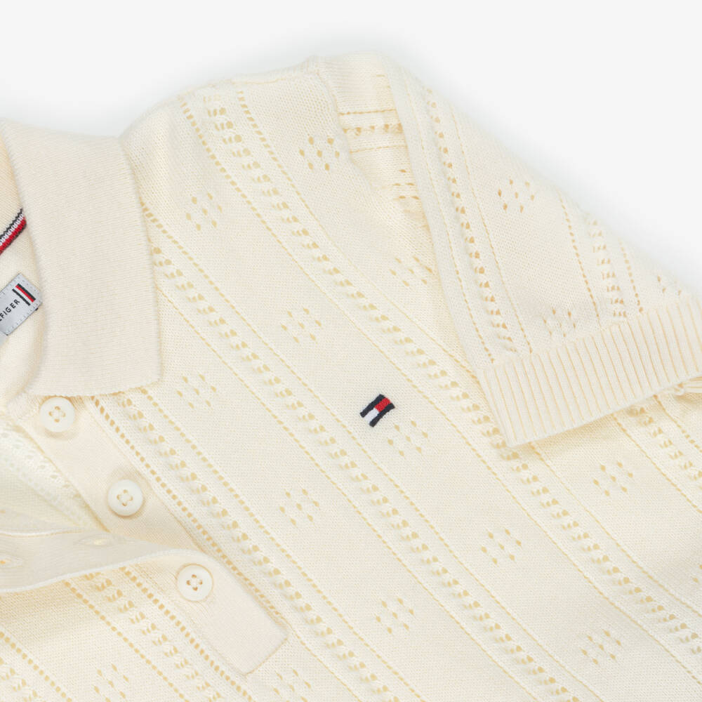 Tommy Hilfiger-Girls Ivory Cotton Pointelle Knit Polo Shirt | Childrensalon Outlet