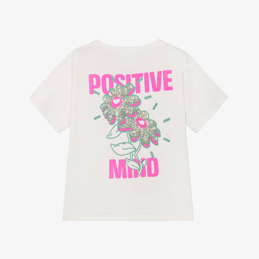 Billieblush-Girls Ivory Cotton Positive Mind T-Shirt | Childrensalon Outlet