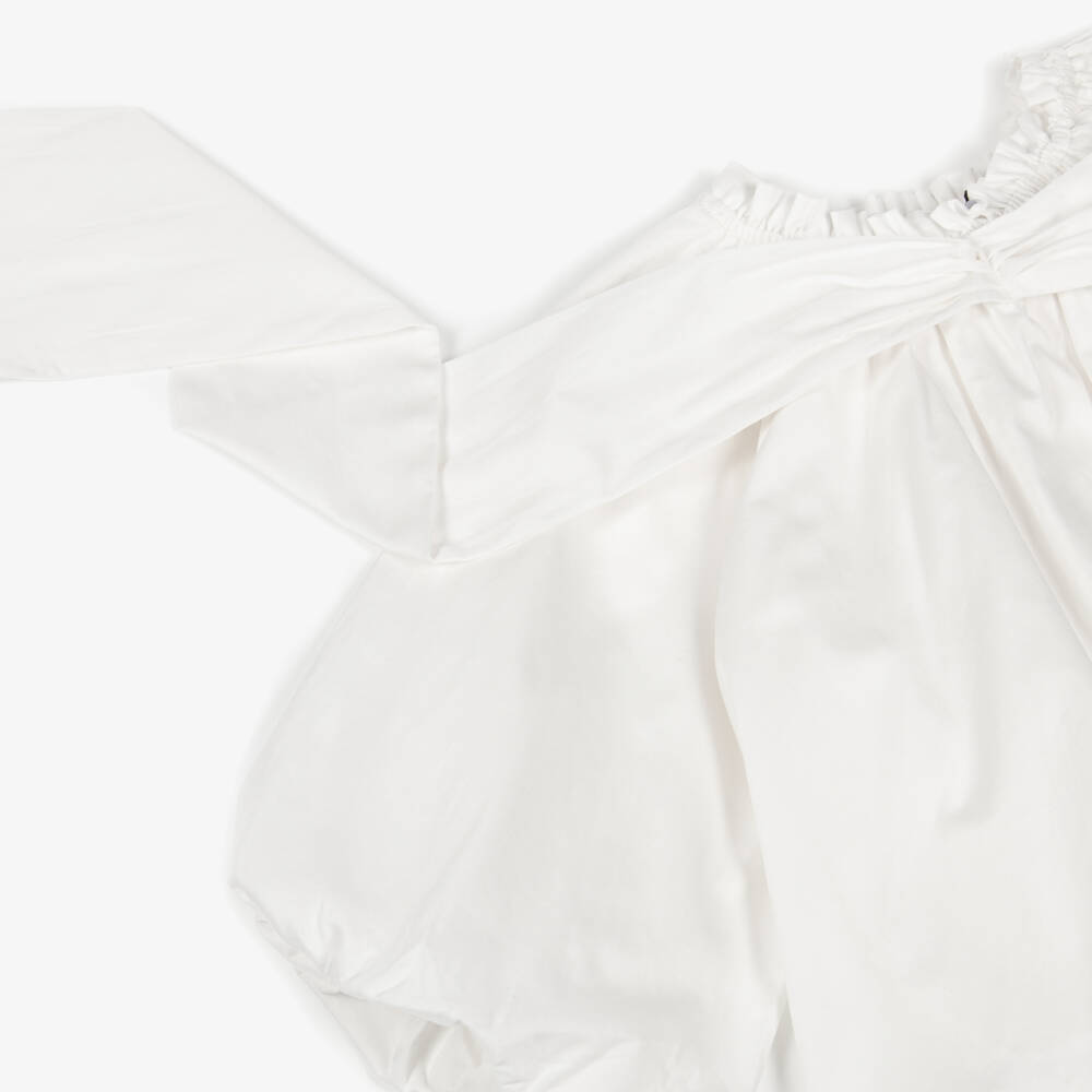 RaspberryPlum-Girls Ivory Cotton Puffball Blouse with Bow Detail | Childrensalon Outlet