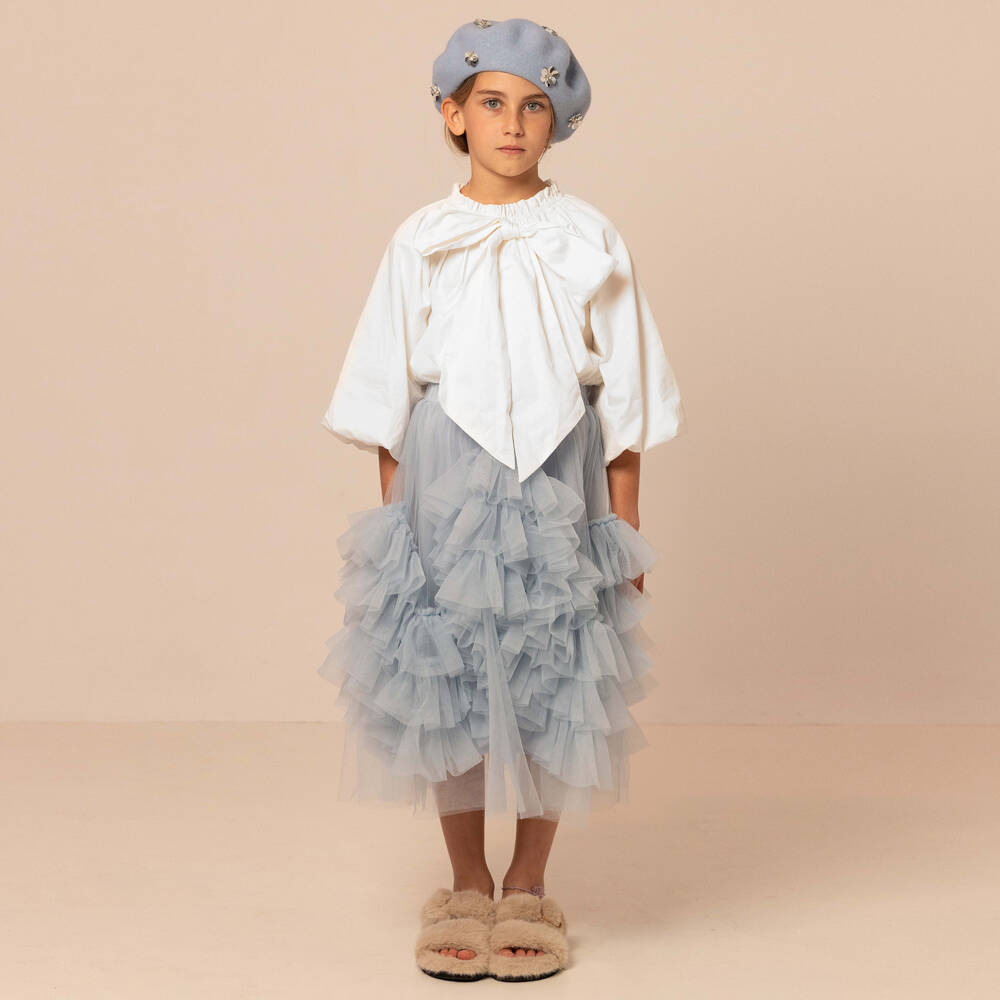 RaspberryPlum-Girls Ivory Cotton Puffball Blouse with Bow Detail | Childrensalon Outlet