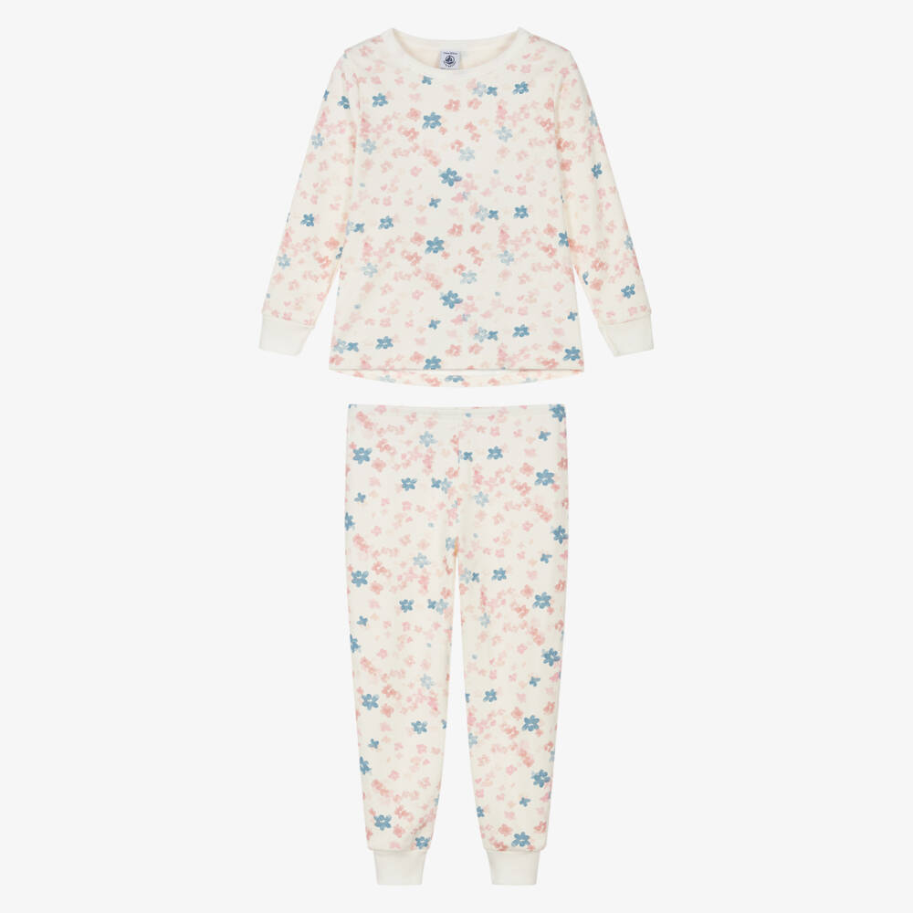 Petit Bateau-Girls Ivory Cotton Pyjamas with Pink & Blue Floral Print | Childrensalon Outlet