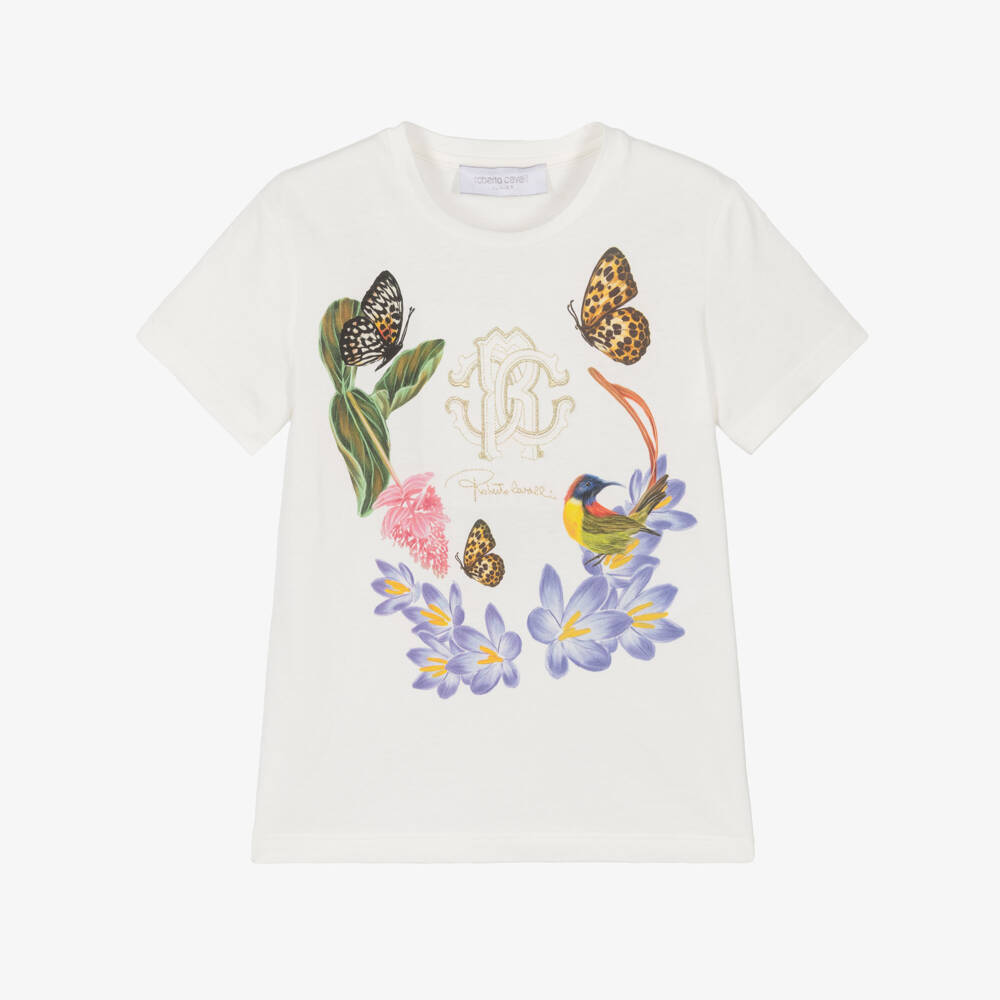 Roberto Cavalli-Girls Ivory Cotton RC Monogram Logo T-Shirt | Childrensalon Outlet