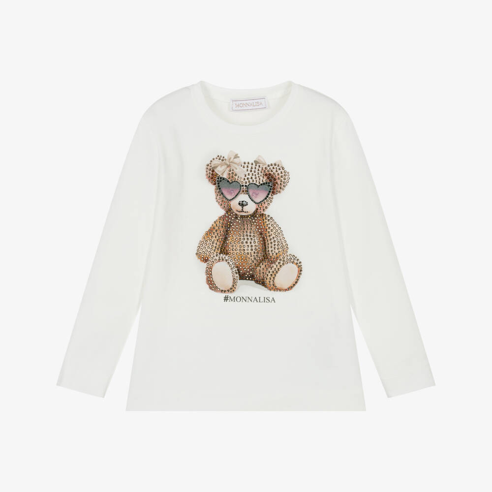 Monnalisa-Girls Ivory Cotton Rhinestone Bear Top | Childrensalon Outlet