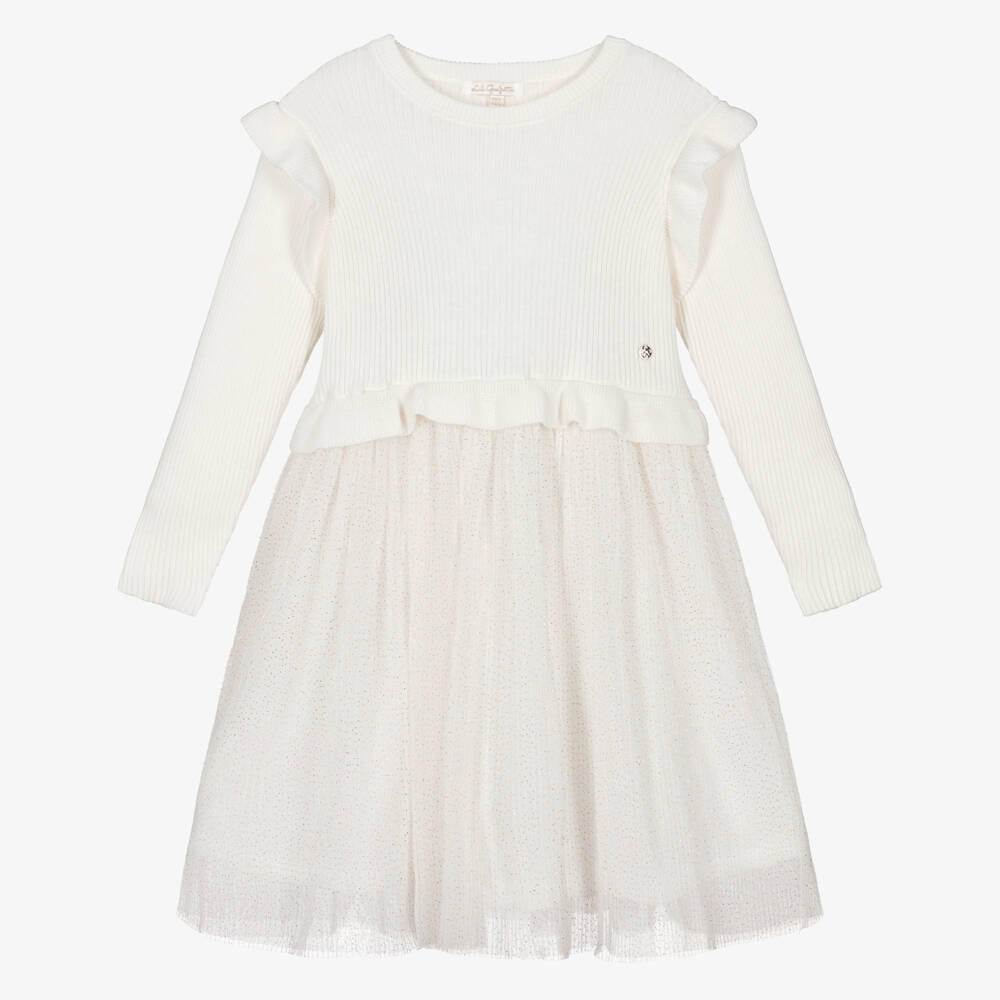 Lili Gaufrette-Girls Ivory Cotton Rib Knit & Pleated Tulle Dress   | Childrensalon Outlet
