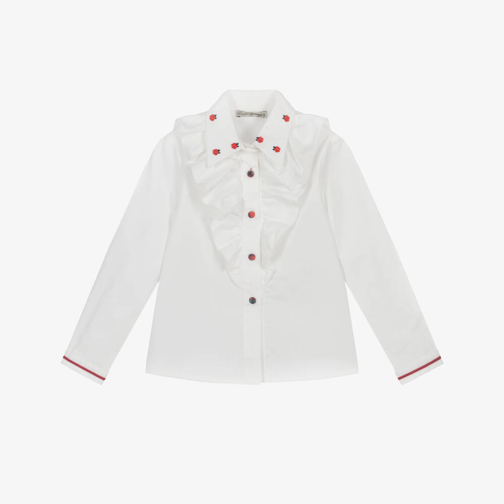 Piccola Speranza-Girls Ivory Cotton Ruffle Blouse | Childrensalon Outlet