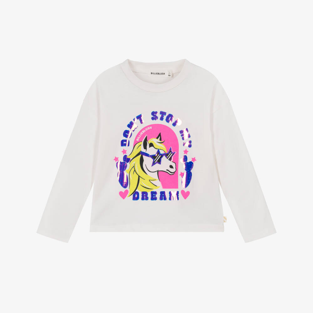 Billieblush-Girls Ivory Cotton Slogan Top with Glittery Pony | Childrensalon Outlet