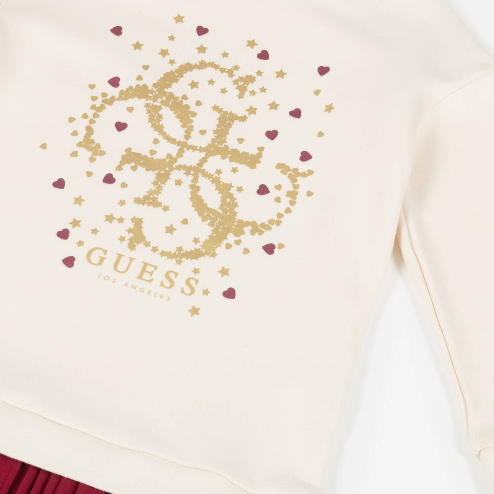 Guess-Girls Ivory Cotton Sweatshirt Dress with Pleated Red Skirt | Childrensalon Outlet