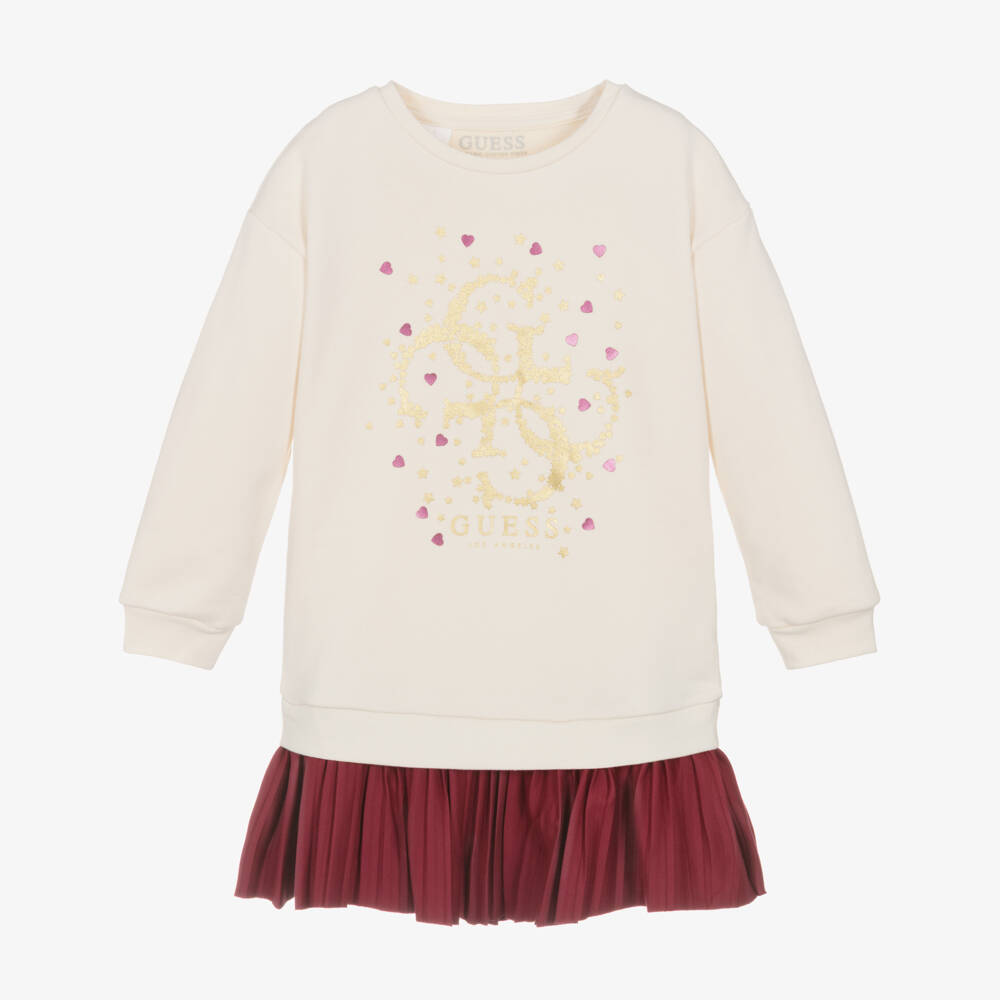 Guess-Girls Ivory Cotton Sweatshirt Dress with Pleated Red Skirt | Childrensalon Outlet