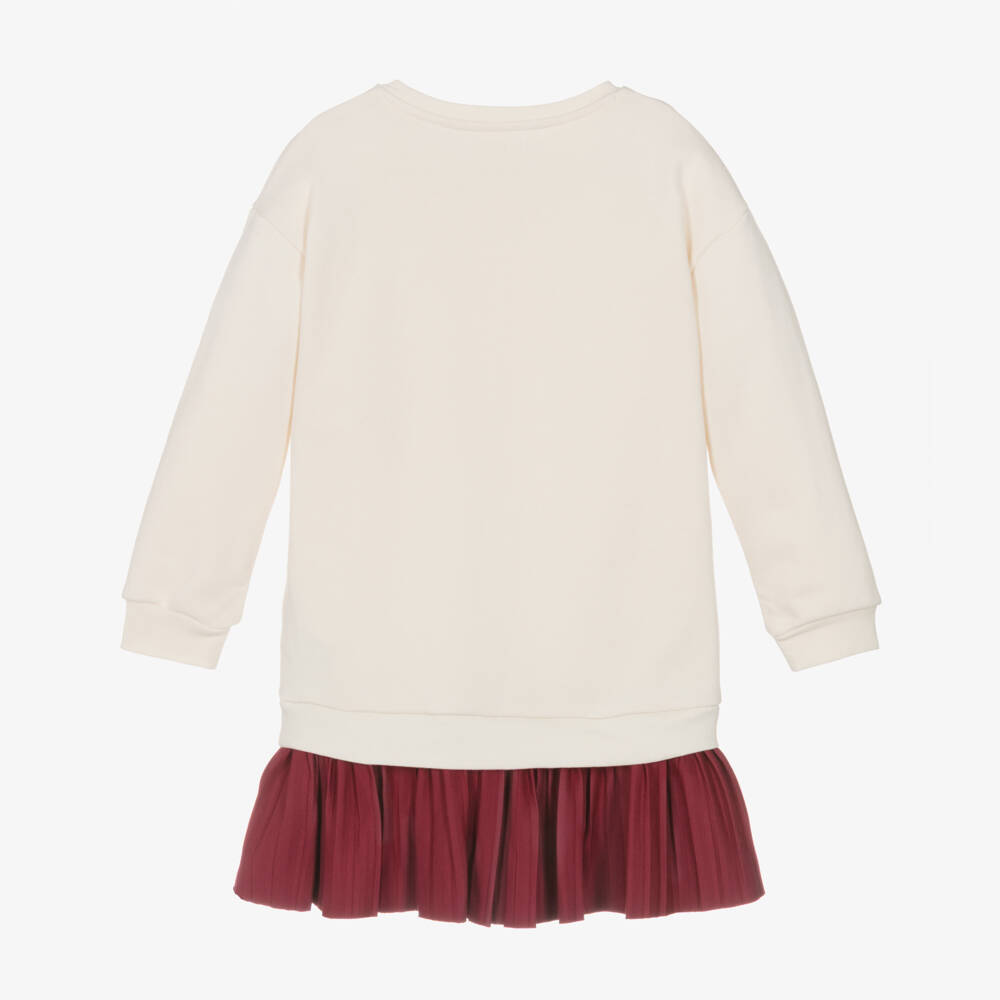 Guess-Girls Ivory Cotton Sweatshirt Dress with Pleated Red Skirt | Childrensalon Outlet