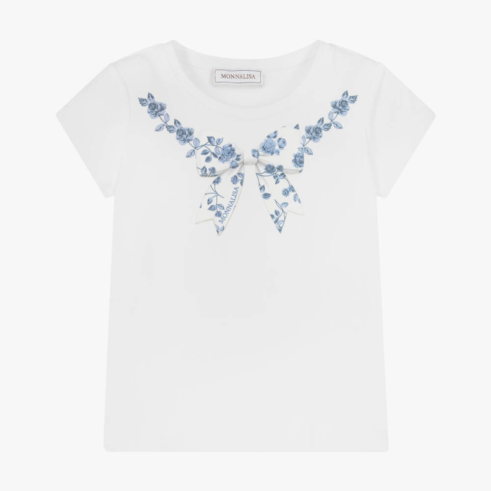 Monnalisa-تيشيرت عاجي للبنات مزين بزهور وربطة عنق | Childrensalon Outlet