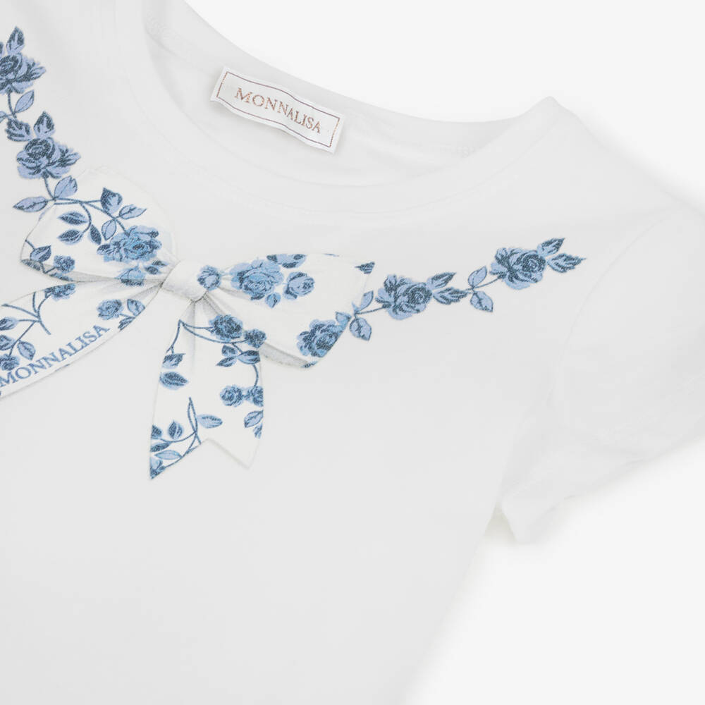 Monnalisa-تيشيرت عاجي للبنات مزين بزهور وربطة عنق | Childrensalon Outlet