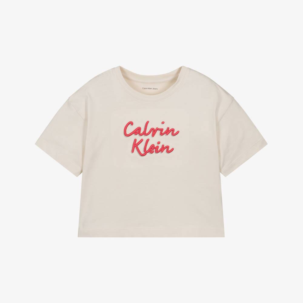 Calvin Klein-Girls Ivory Cotton T-Shirt with Embroidered Red Logo | Childrensalon Outlet