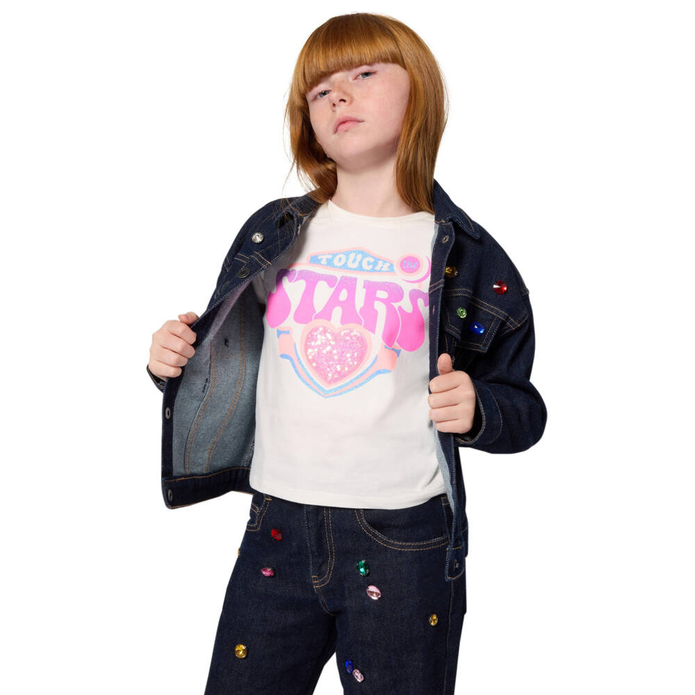 Billieblush-Girls Ivory Cotton T-Shirt with Pink Slogan & Sequin Heart | Childrensalon Outlet