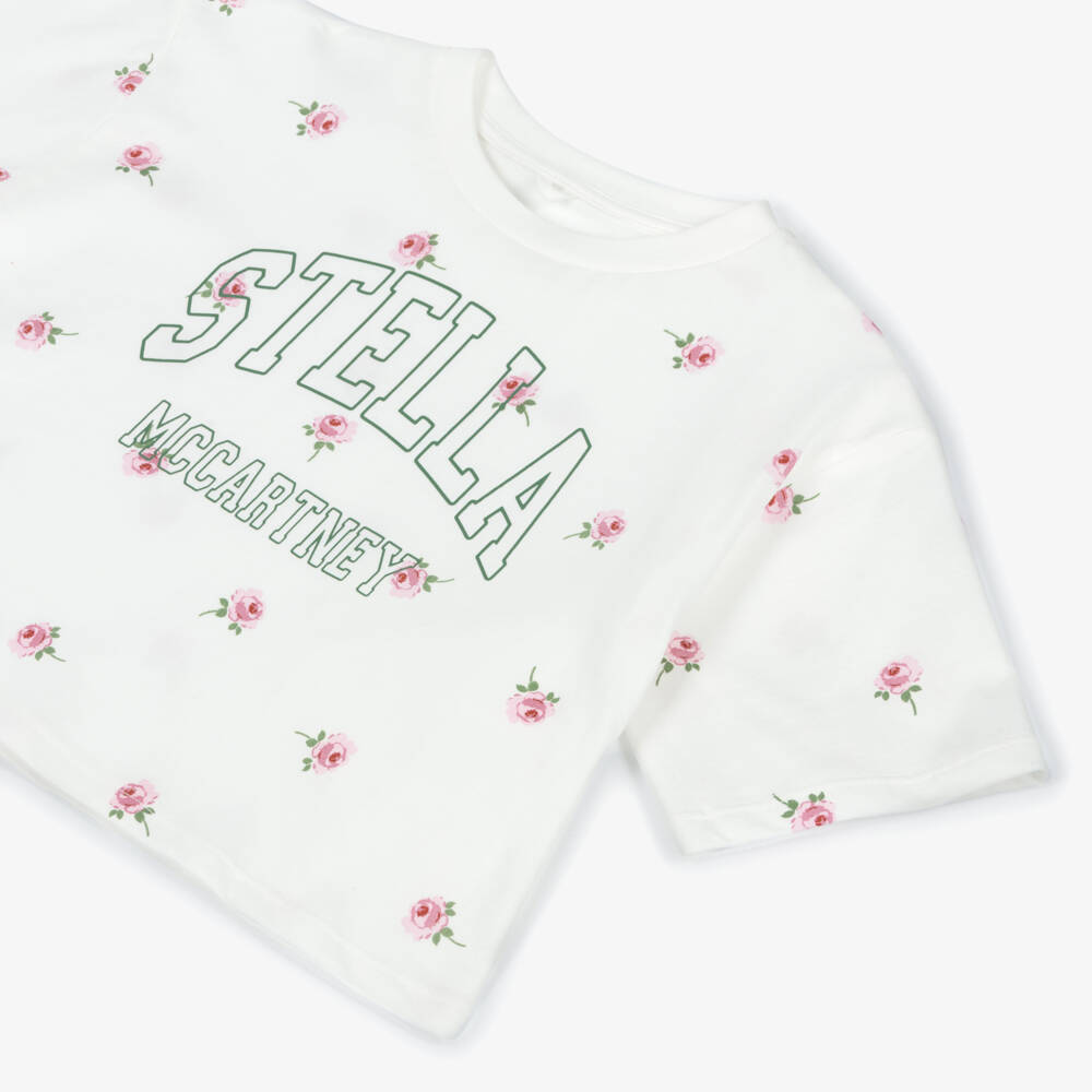 Stella McCartney Kids-Girls Ivory Cotton T-Shirt with Rose Print & Varsity Logo | Childrensalon Outlet