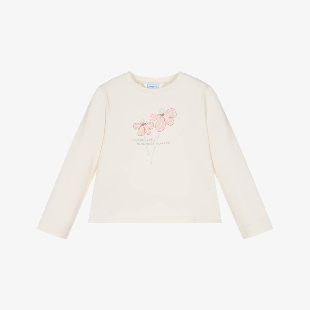 Mayoral-Girls Ivory Cotton Top with Embroidered Flowers  | Childrensalon Outlet