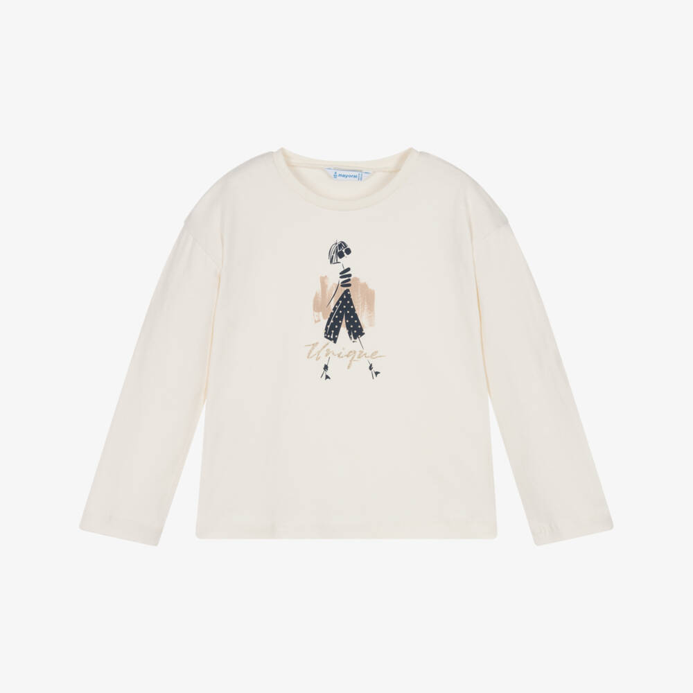 Mayoral-Girls Ivory Cotton Top with Glittery Gold Girl | Childrensalon Outlet