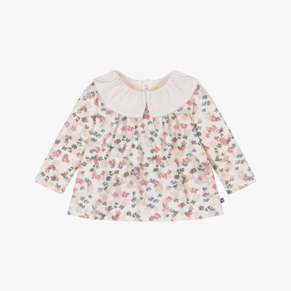 Petit Bateau-Girls Ivory Cotton Top with Pink & Blue Floral Pattern | Childrensalon Outlet