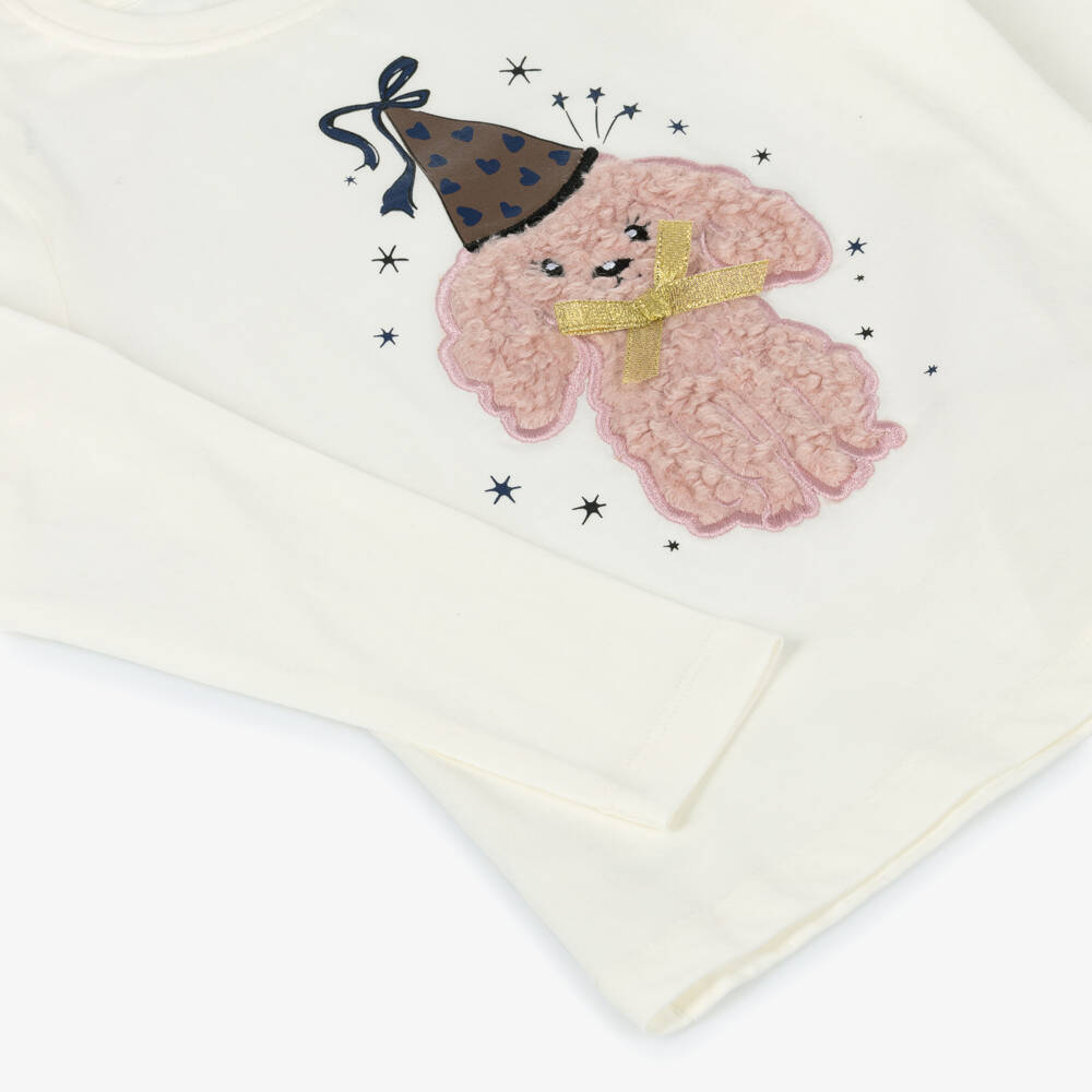 NAME IT-Girls Ivory Cotton Top with Pink Puppy Motif | Childrensalon Outlet