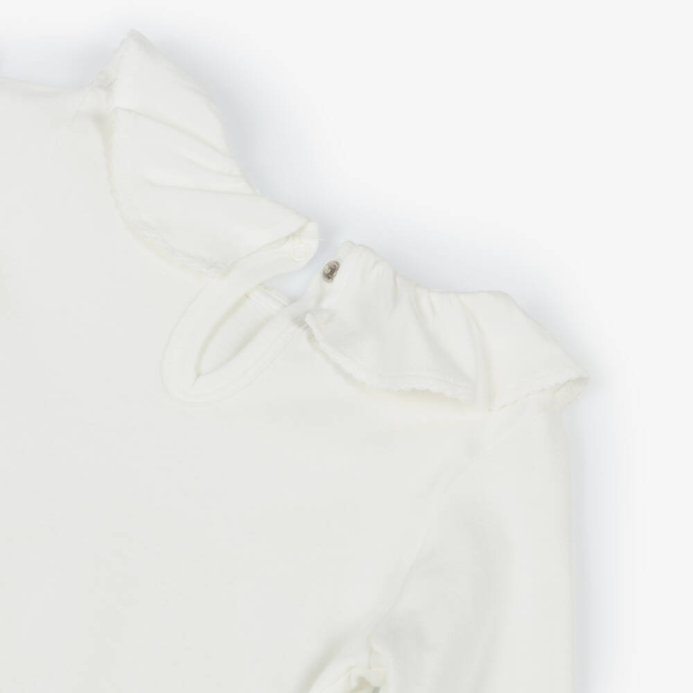 Petit Bateau-Girls Ivory Cotton Top with Ruffle Collar | Childrensalon Outlet