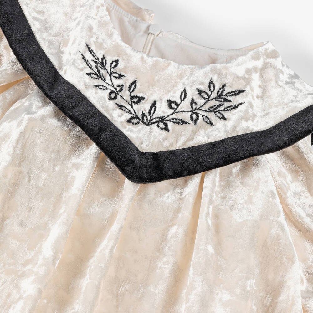 Patachou-Girls Ivory Crushed Velour Dress with Black Velvet Trims | Childrensalon Outlet