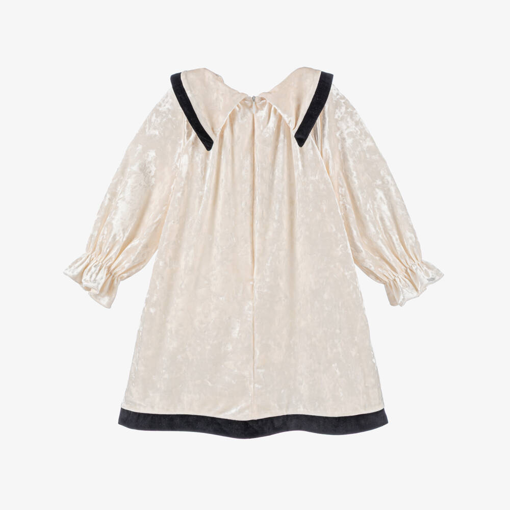 Patachou-Girls Ivory Crushed Velour Dress with Black Velvet Trims | Childrensalon Outlet
