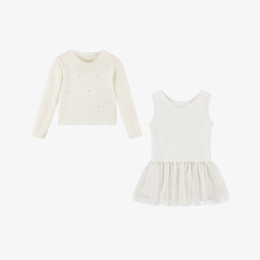 Lapin House-Girls Ivory Diamanté Knit & Glittery Tulle Dress Set | Childrensalon Outlet