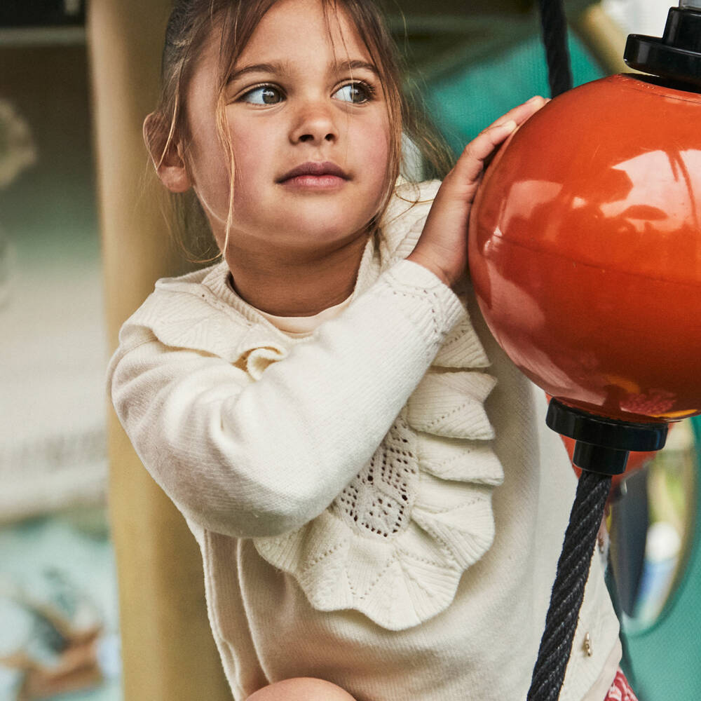 Mayoral-Girls Ivory Diamond Knit Ruffle Sweater | Childrensalon Outlet