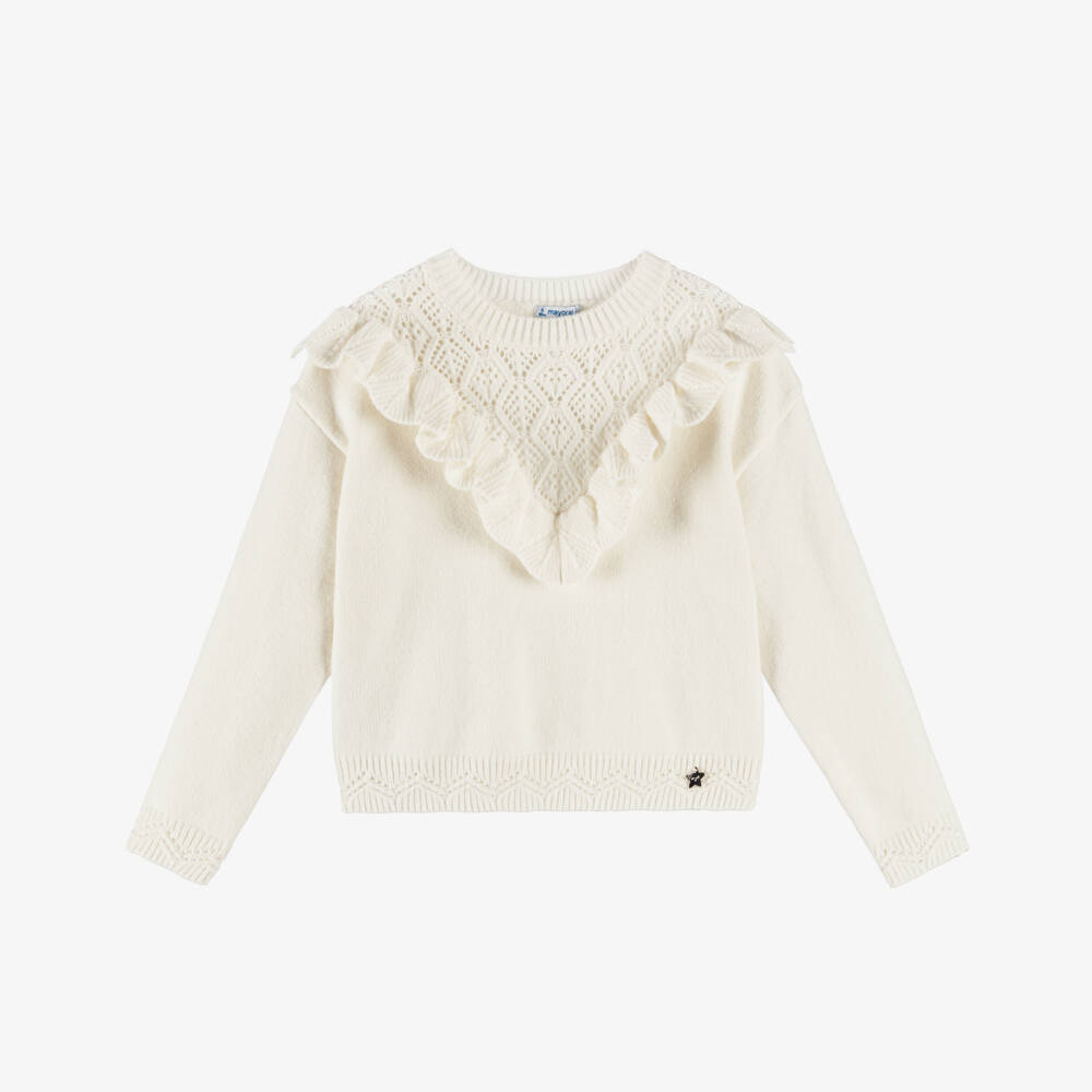 Mayoral-Girls Ivory Diamond Knit Ruffle Sweater | Childrensalon Outlet