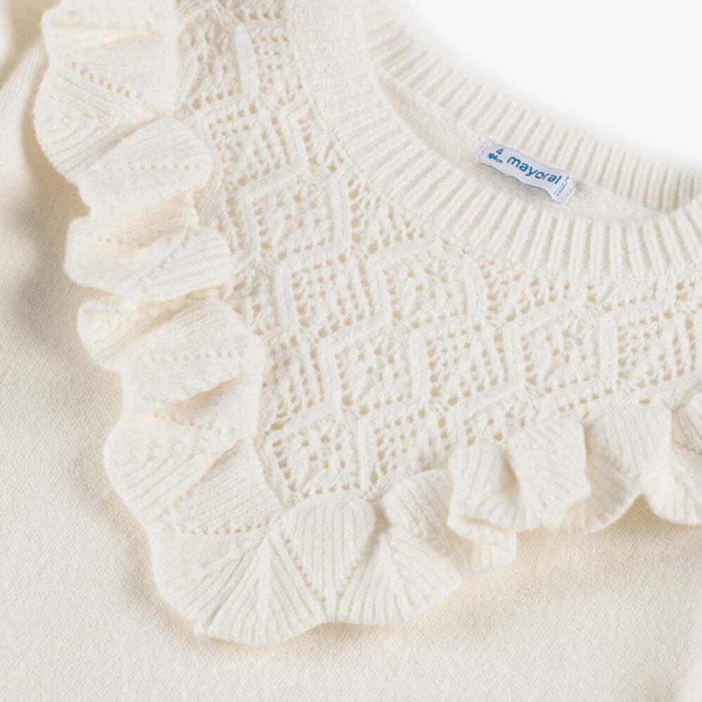 Mayoral-Girls Ivory Diamond Knit Ruffle Sweater | Childrensalon Outlet