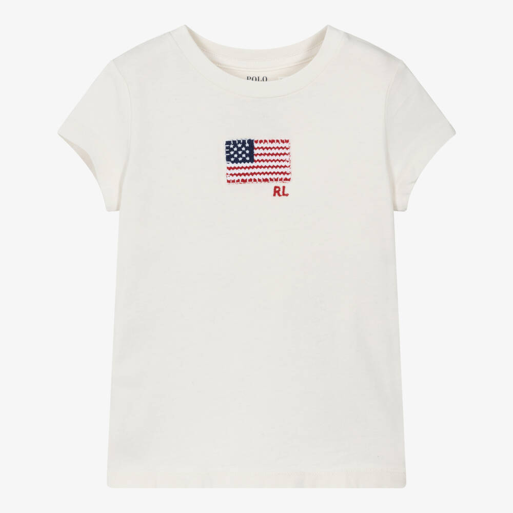 Ralph Lauren-Girls Ivory Embroidered Flag Cotton T-Shirt | Childrensalon Outlet
