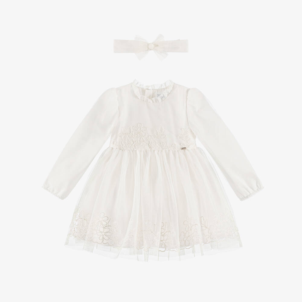 Mayoral-Girls Ivory Embroidered Tulle Dress & Headband Set | Childrensalon Outlet