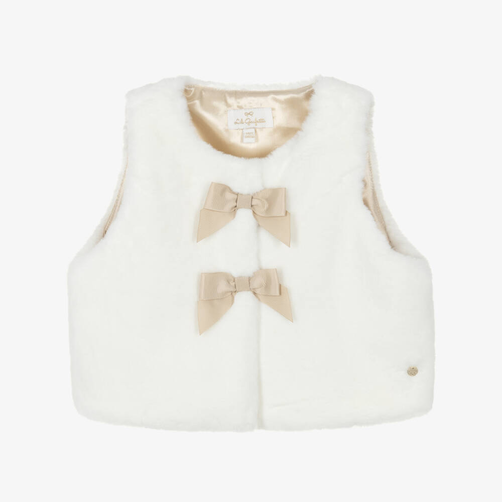 Lili Gaufrette-Girls Ivory Faux Fur Gilet with Gold Grosgrain Bows | Childrensalon Outlet