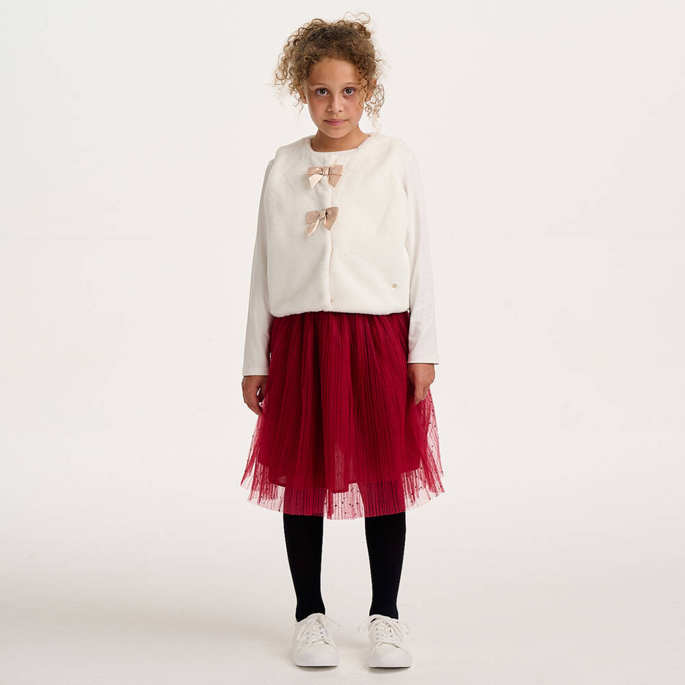 Lili Gaufrette-Girls Ivory Faux Fur Gilet with Gold Grosgrain Bows | Childrensalon Outlet