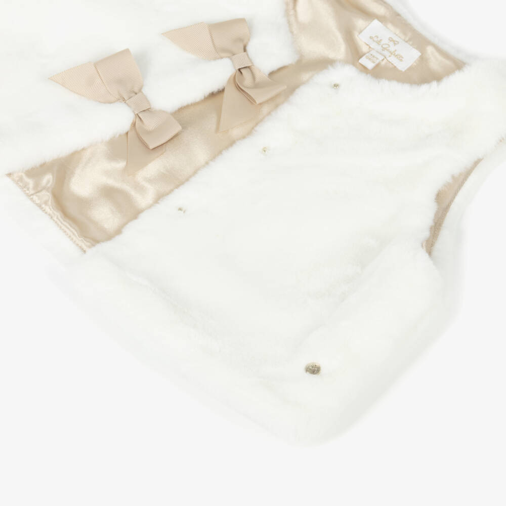 Lili Gaufrette-Girls Ivory Faux Fur Gilet with Gold Grosgrain Bows | Childrensalon Outlet