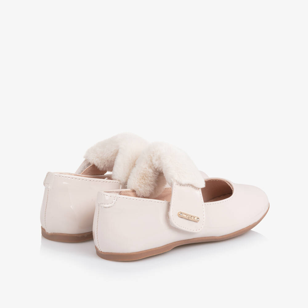 Mayoral-Girls Ivory Faux Patent Leather Bar Shoes with Faux Fur Trim | Childrensalon Outlet