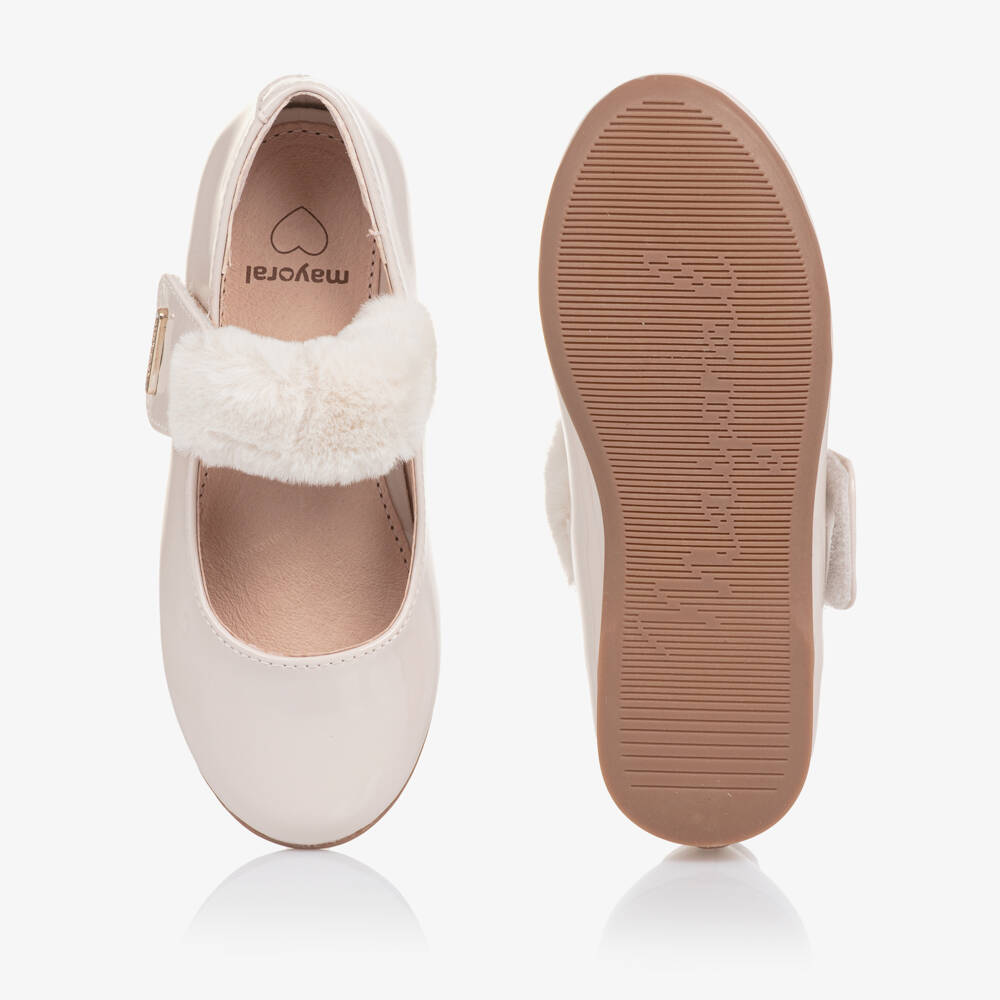 Mayoral-Girls Ivory Faux Patent Leather Bar Shoes with Faux Fur Trim | Childrensalon Outlet