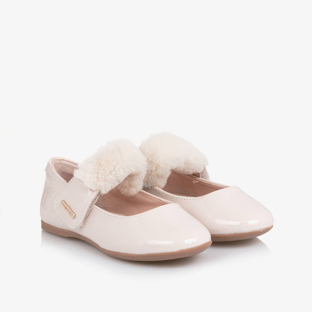 Mayoral-Girls Ivory Faux Patent Leather Bar Shoes with Faux Fur Trim | Childrensalon Outlet
