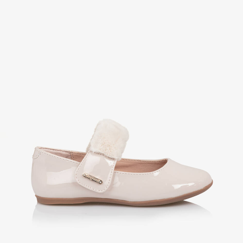 Mayoral-Girls Ivory Faux Patent Leather Bar Shoes with Faux Fur Trim | Childrensalon Outlet