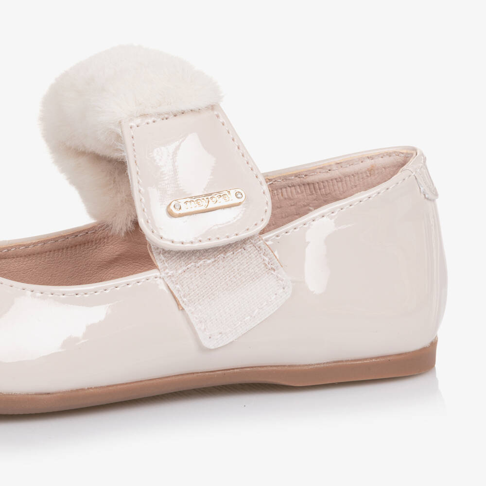 Mayoral-Girls Ivory Faux Patent Leather Bar Shoes with Faux Fur Trim | Childrensalon Outlet