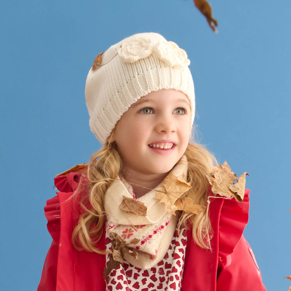 Catya-Girls Ivory Floral Merino Wool Knit Hat | Childrensalon Outlet