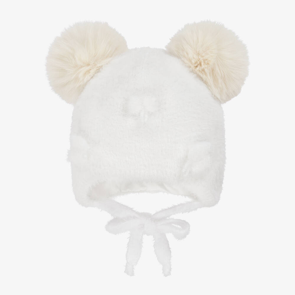 Jamiks-Girls Ivory Fluffy Knit Bow Hat with Faux Fur Pom-Poms | Childrensalon Outlet