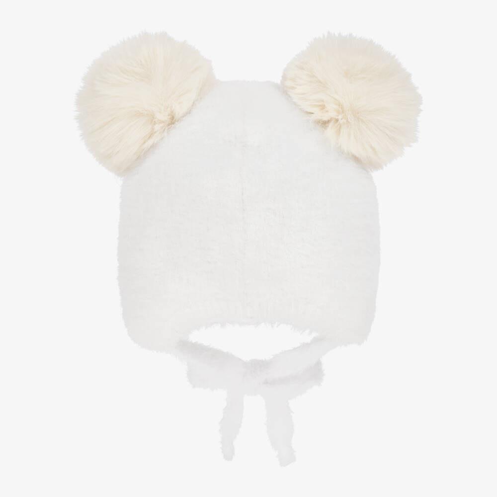 Jamiks-Girls Ivory Fluffy Knit Bow Hat with Faux Fur Pom-Poms | Childrensalon Outlet