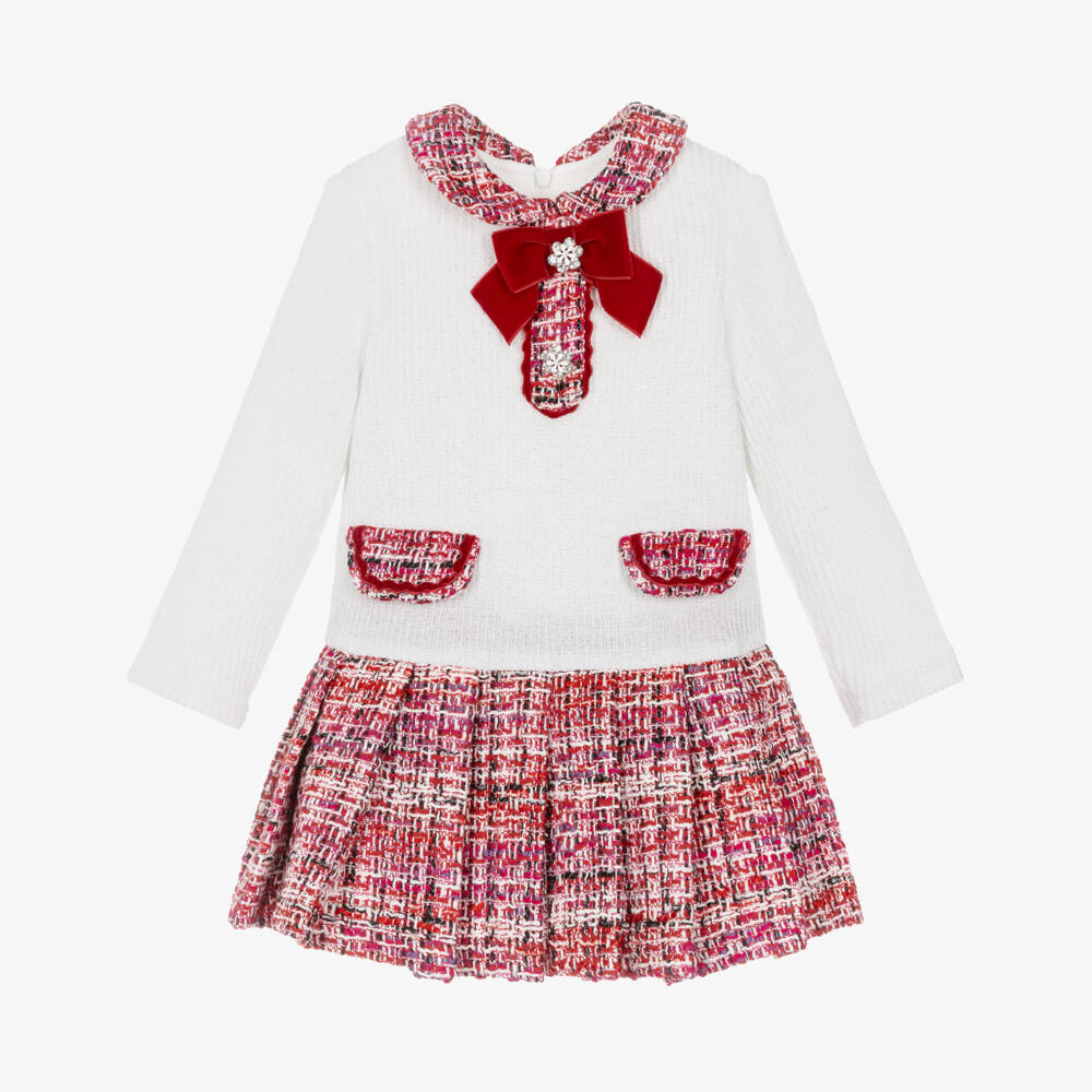 Patachou-Girls Ivory Glitter Knit & Red Tweed Dress | Childrensalon Outlet