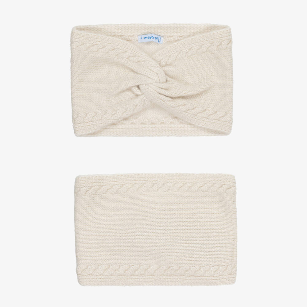 Mayoral-Girls Ivory Glitter Knitted Hat, Scarf & Mittens Set | Childrensalon Outlet