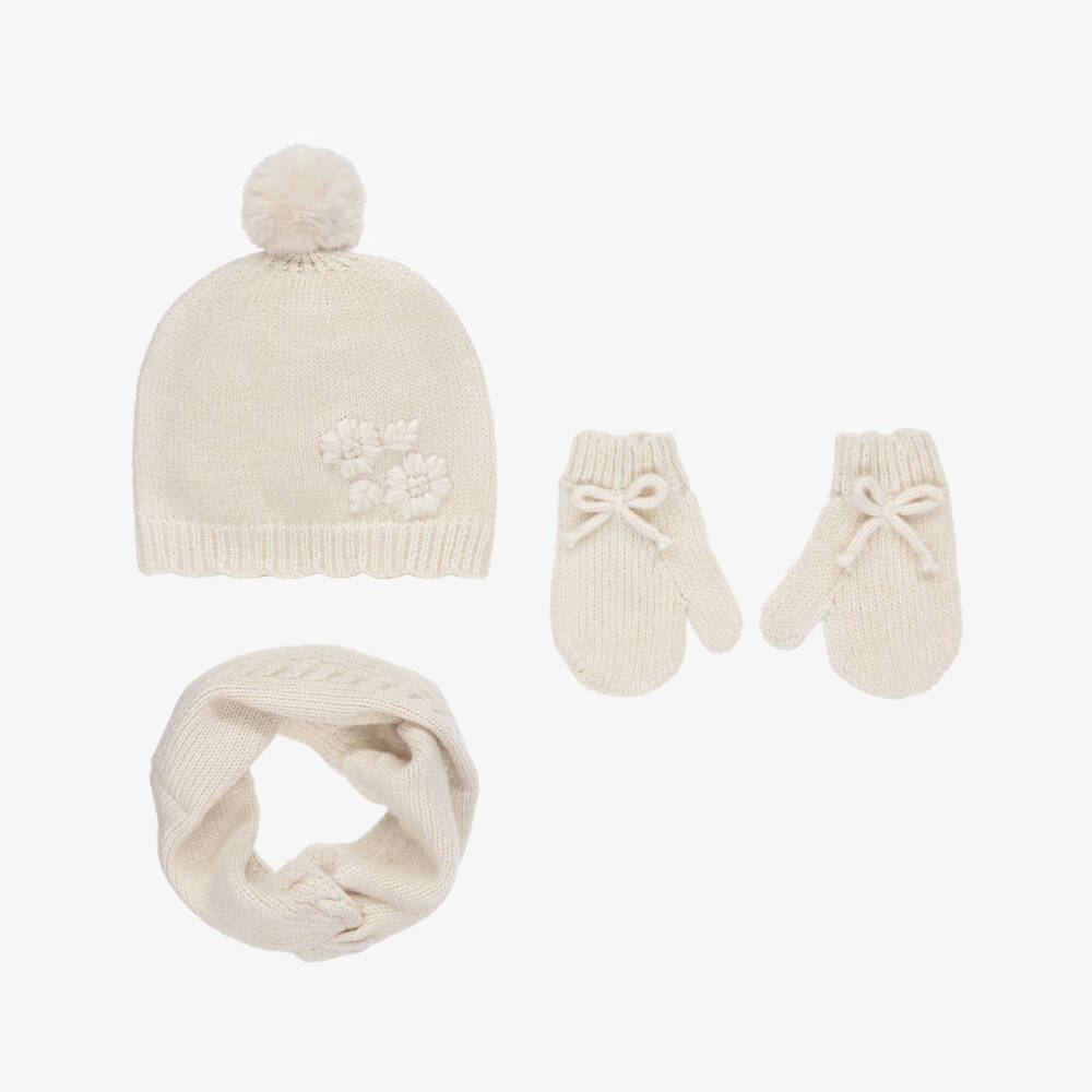 Mayoral-Girls Ivory Glitter Knitted Hat, Scarf & Mittens Set | Childrensalon Outlet
