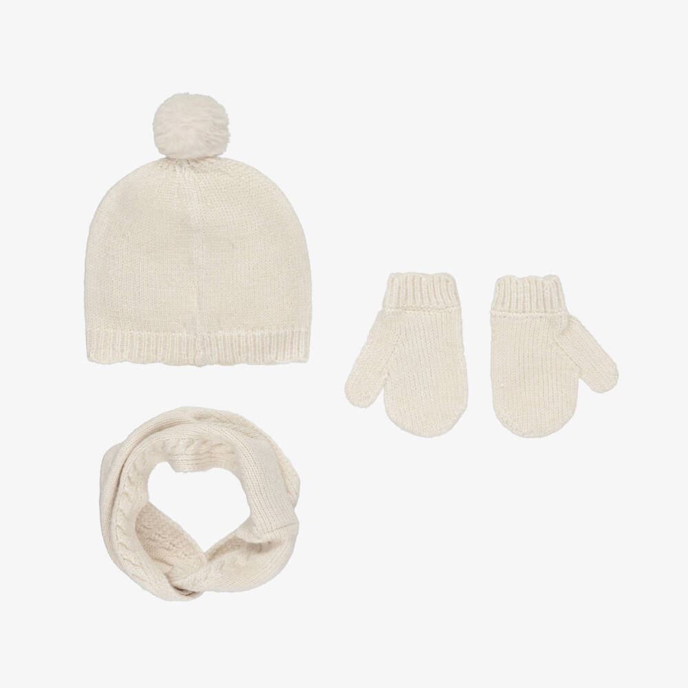Mayoral-Girls Ivory Glitter Knitted Hat, Scarf & Mittens Set | Childrensalon Outlet